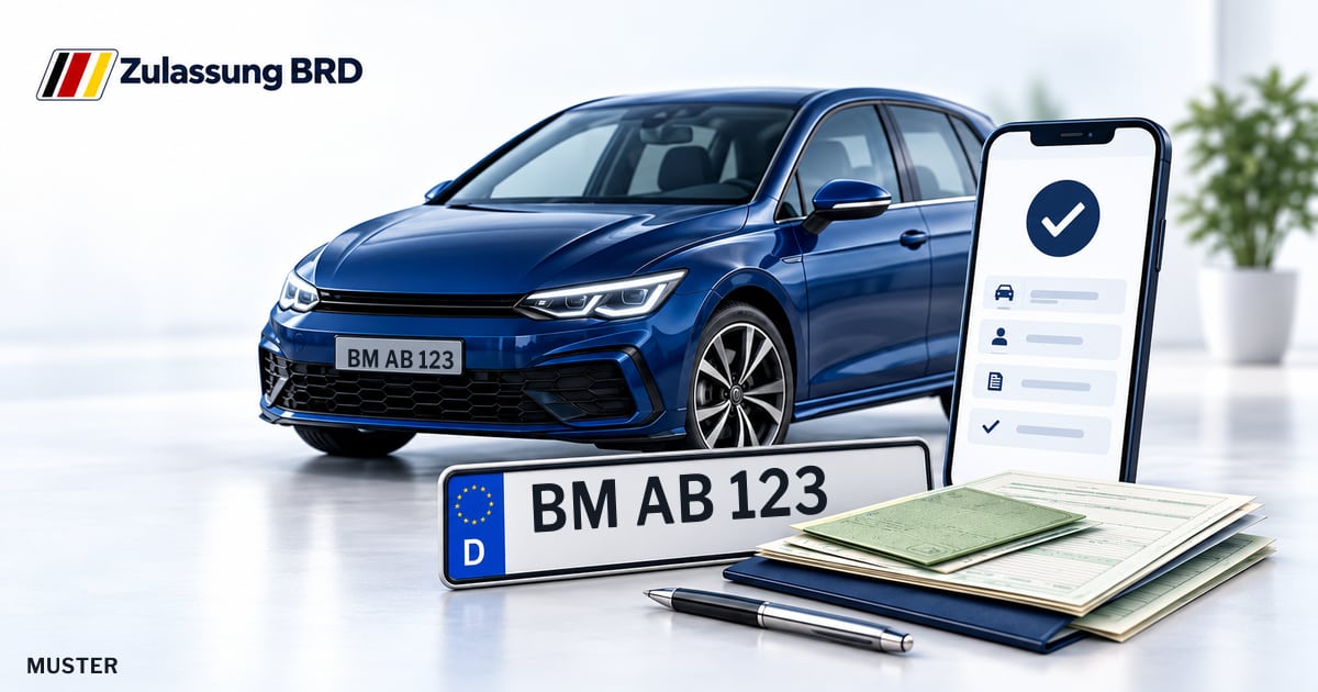 Online Fahrzeugzulassung in Wesseling: Musterkennzeichen BM AB 123, Auto und Fahrzeugpapiere und Smartphone. Illustration mit Logo von Zulassung BRD.